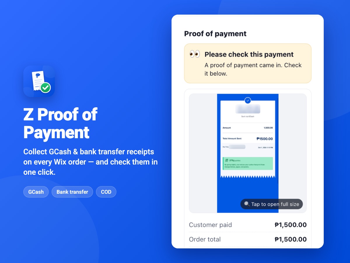 A GCash receipt on a Wix order in Z Proof of Payment, with the amount the customer paid next to the order total