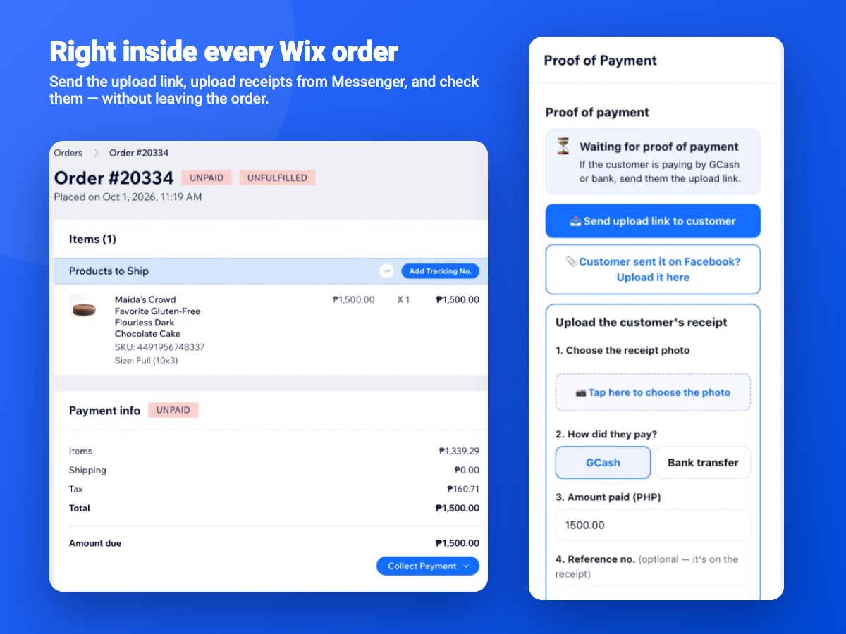Z Proof of Payment inside a Wix order: a button to send the upload link, and a form to upload a receipt the customer sent on Facebook